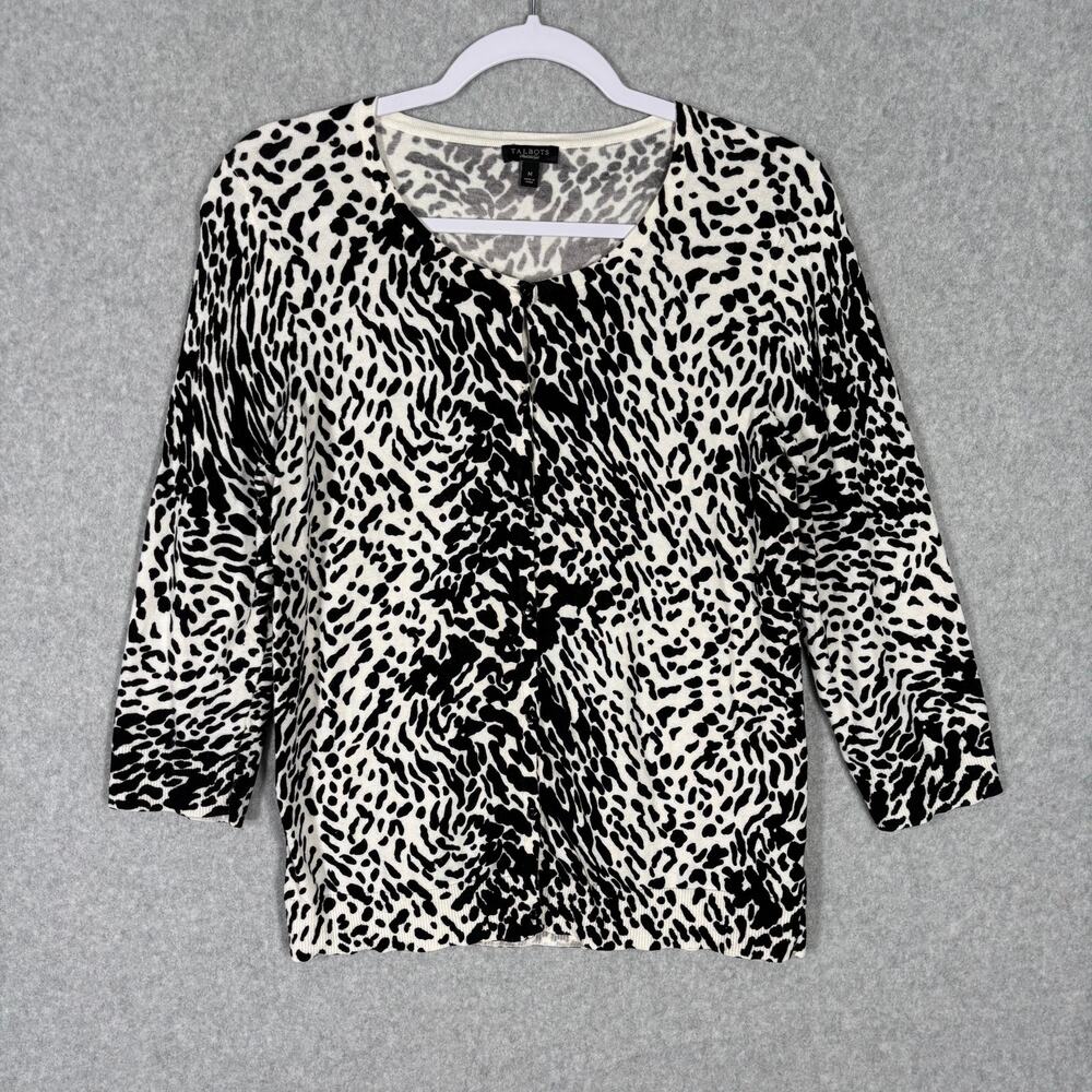 Talbots Cardigan Sweater Womens Medium Black White Animal Thin Button Career